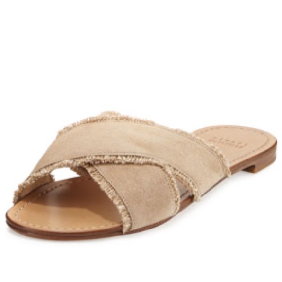 Stuart Weitzman Shoes - Stuart Weitzman Edgedout Crisscross Fringe Slide Sandal, Beige